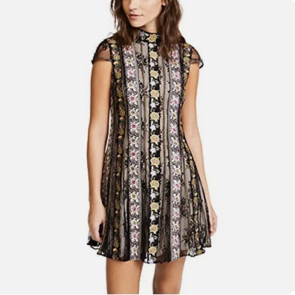 Alice + Olivia Gwyneth Embroidered High-Neck Dress - Black/Multi
